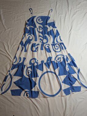 Abstract Geometric Blue & White Maxi Dress – Size XL